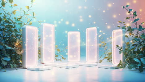 abstract glowing display podiums in an ethereal nature setting