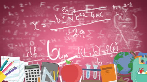animación digital de iconos de conceptos escolares sobre ecuaciones matemáticas flotando en un fondo rosado