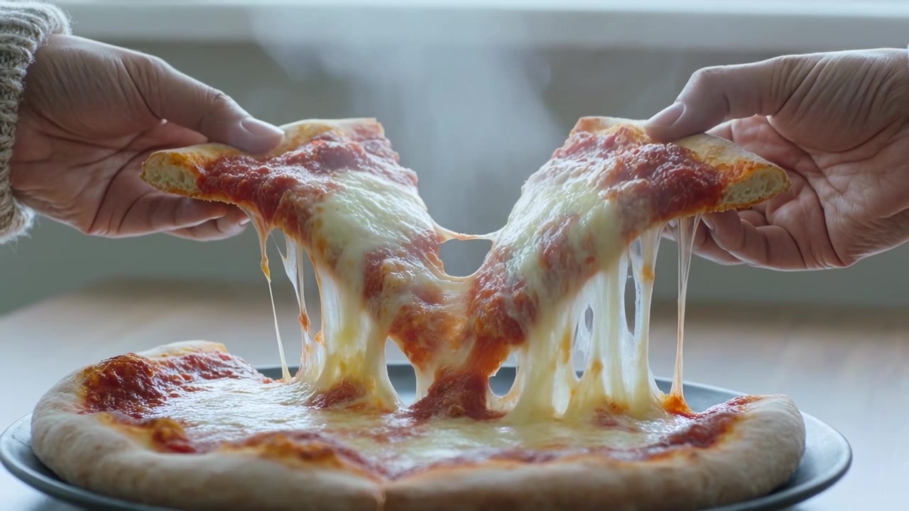 Afferrando la crosta, mani con maniche a maglia e bianche che tirano una fetta di pizza adiacente a un tavolo vicino alla finestra, condividendo.