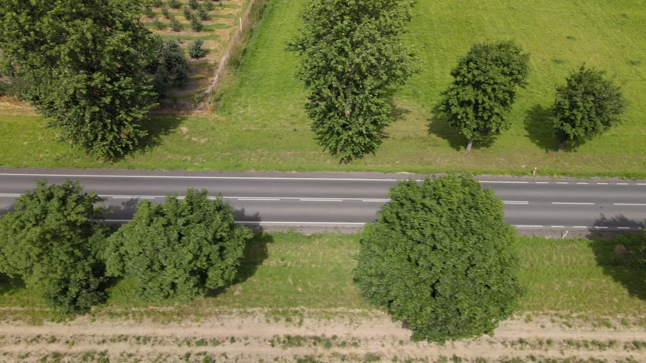 camino rural en un día soleado con coche negro conduciendo a través del marco, movimiento lateral
