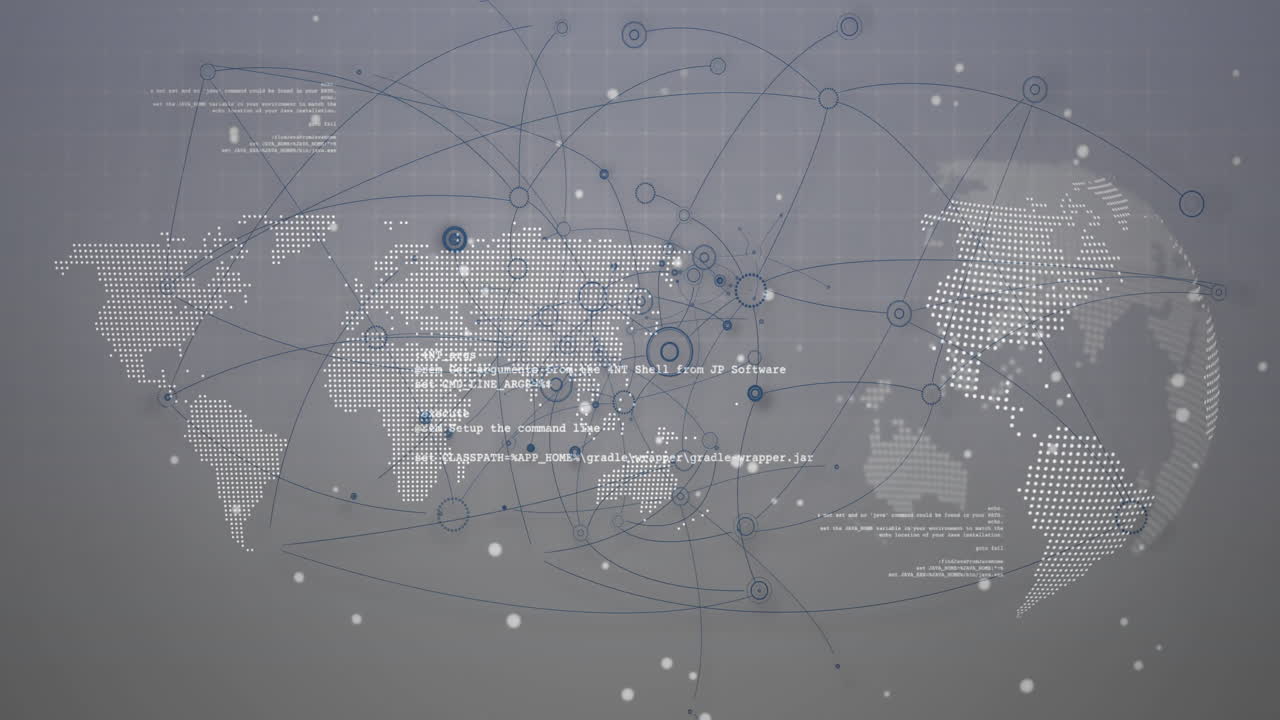 Animation of data processing and network of connections over world map and globe