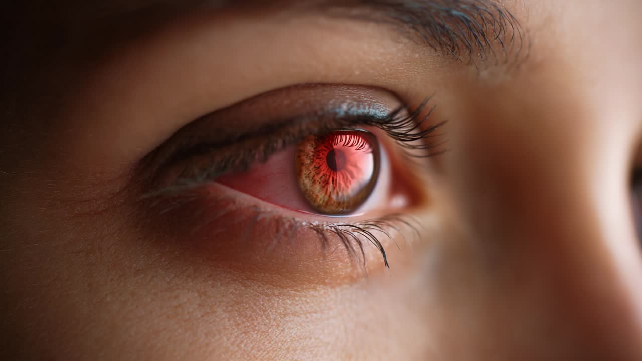 A close-up examination of a unique eye transformation showcasing vivid red hues, highlighting the dramatic contrast between the natural gaze and an intense, illuminated glow emanating from the pupil