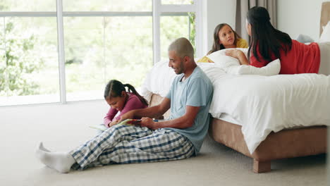 happy, talking and a family in the bedroom