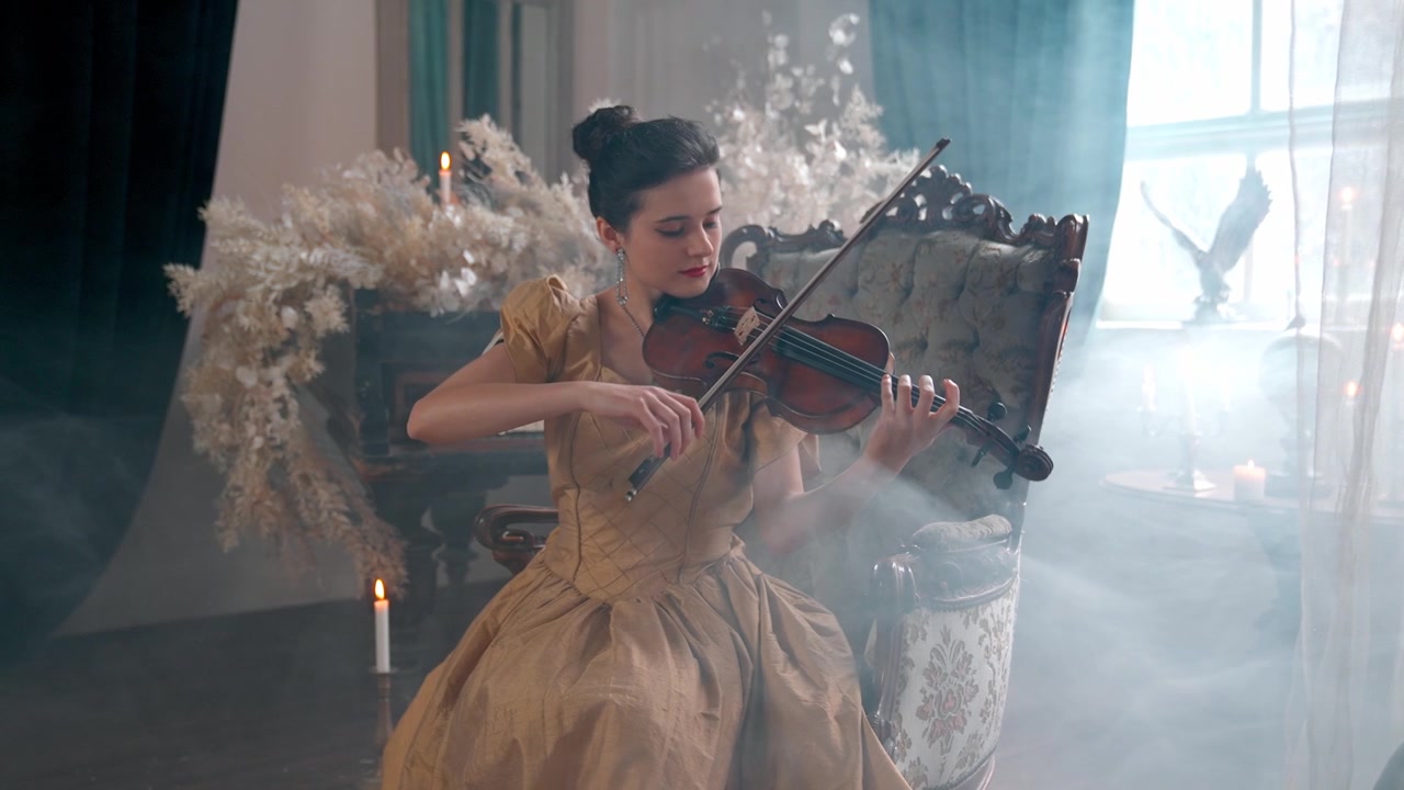 Elegant Woman in Vintage Gown Playing Violin in Smoky Room