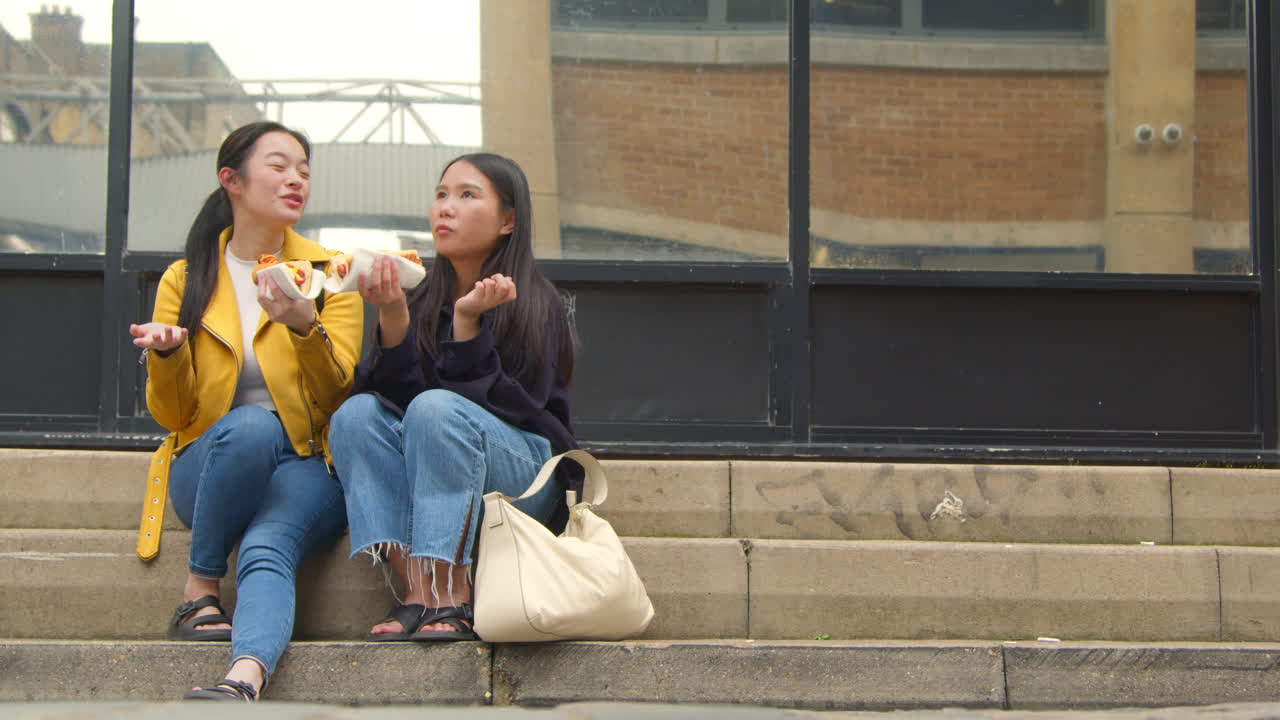 dos jóvenes amigas sentadas en los escalones comiendo perritos calientes comprados en el puesto 2 del mercado de comida callejera