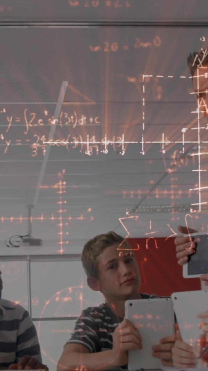 Animation of mathematical formulas over students and teacher in classroom