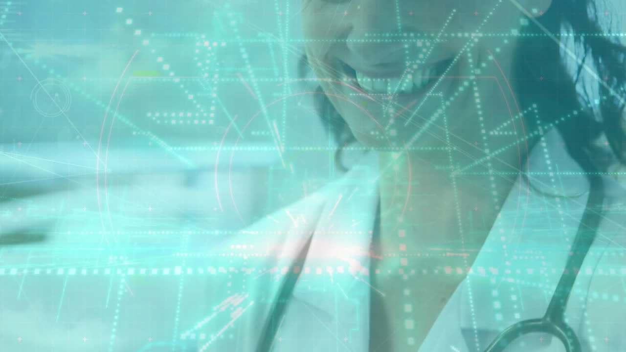 animación de la red de conexiones con el procesamiento de datos sobre la doctora caucásica