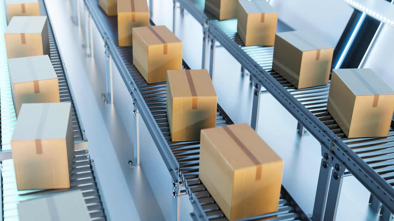 Carton boxes moving on conveyors at futuristic warehouse. 3d animation loop