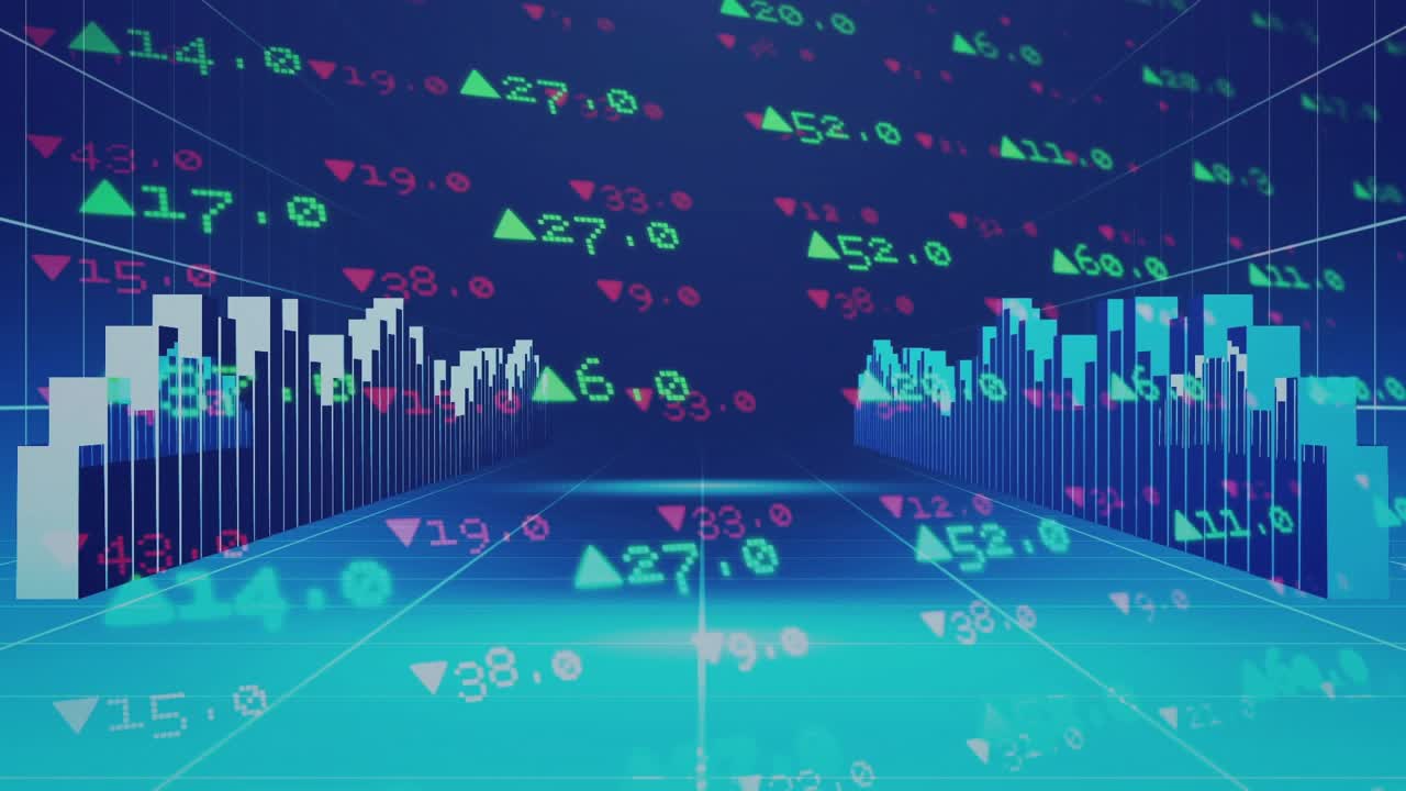 horizon plane appearing 3D bar charts rising rotating HUD circle displaying market trends