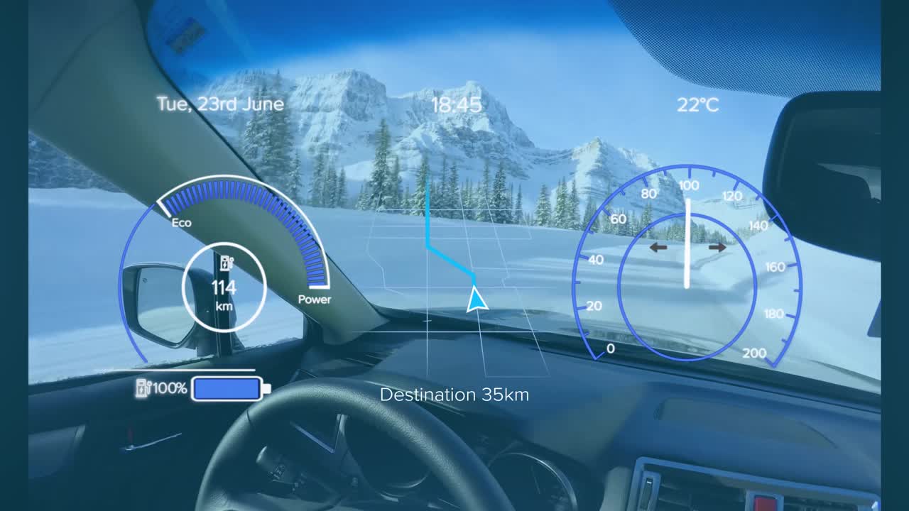 Animation of interface with charging battery icon and speedometer over car