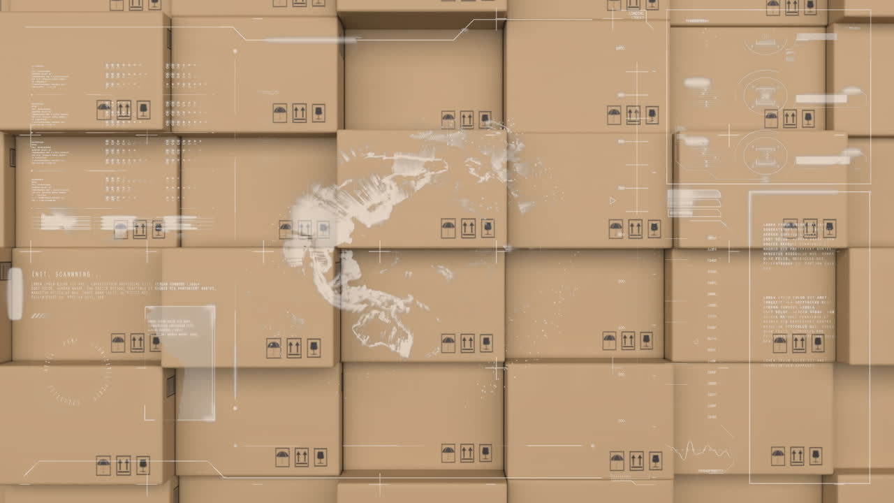 анимация глобуса и статистики над картонными коробками в фоновом режиме