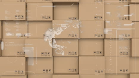 animación del globo y las estadísticas sobre cajas de cartón en el fondo