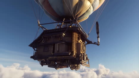 steampunk flying house airship above clouds