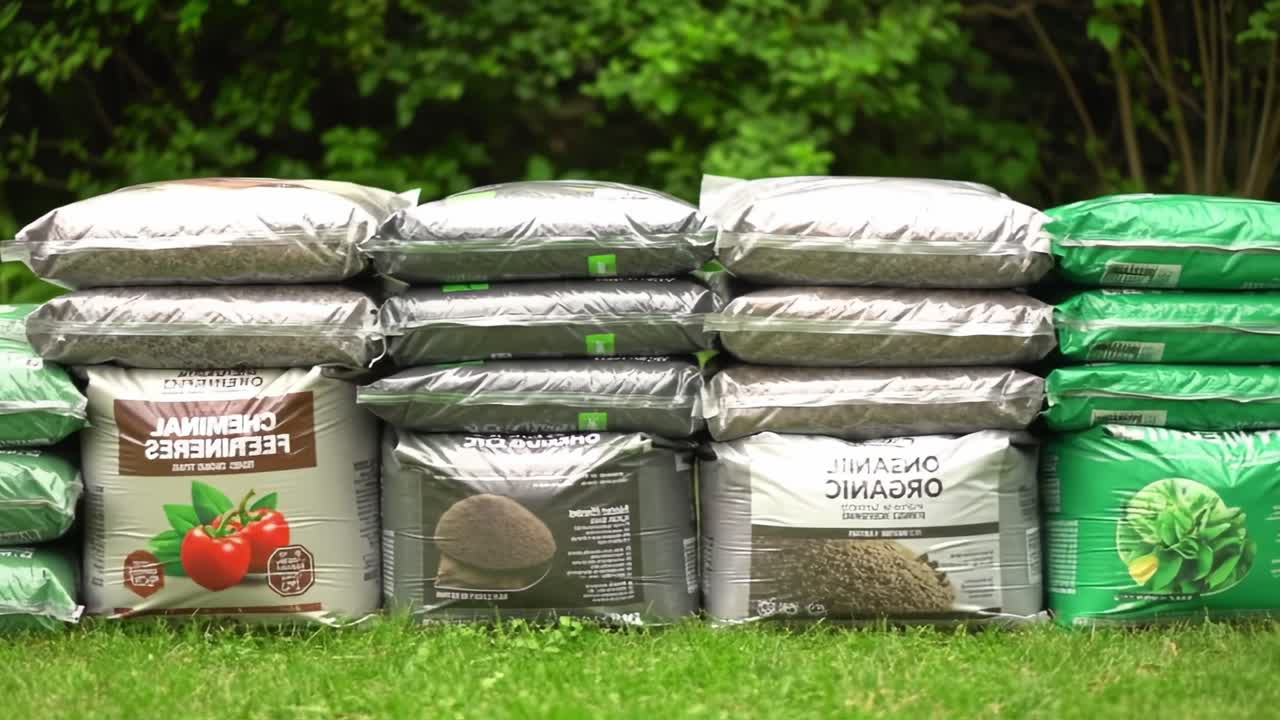 A Stacked Display of Gardening Soil and Fertilizer Bags Ready for Use in Outdoor Planting and Landscape Projects, Showcasing Various Types of Soil Enrichments