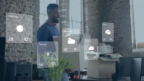 Animación-De-Datos-Meteorológicos-Sobre-Un-Feliz-Hombre-De-Negocios-Afroamericano-En-El-Cargo