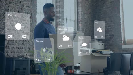 animation of weather data over happy african american businessman in office