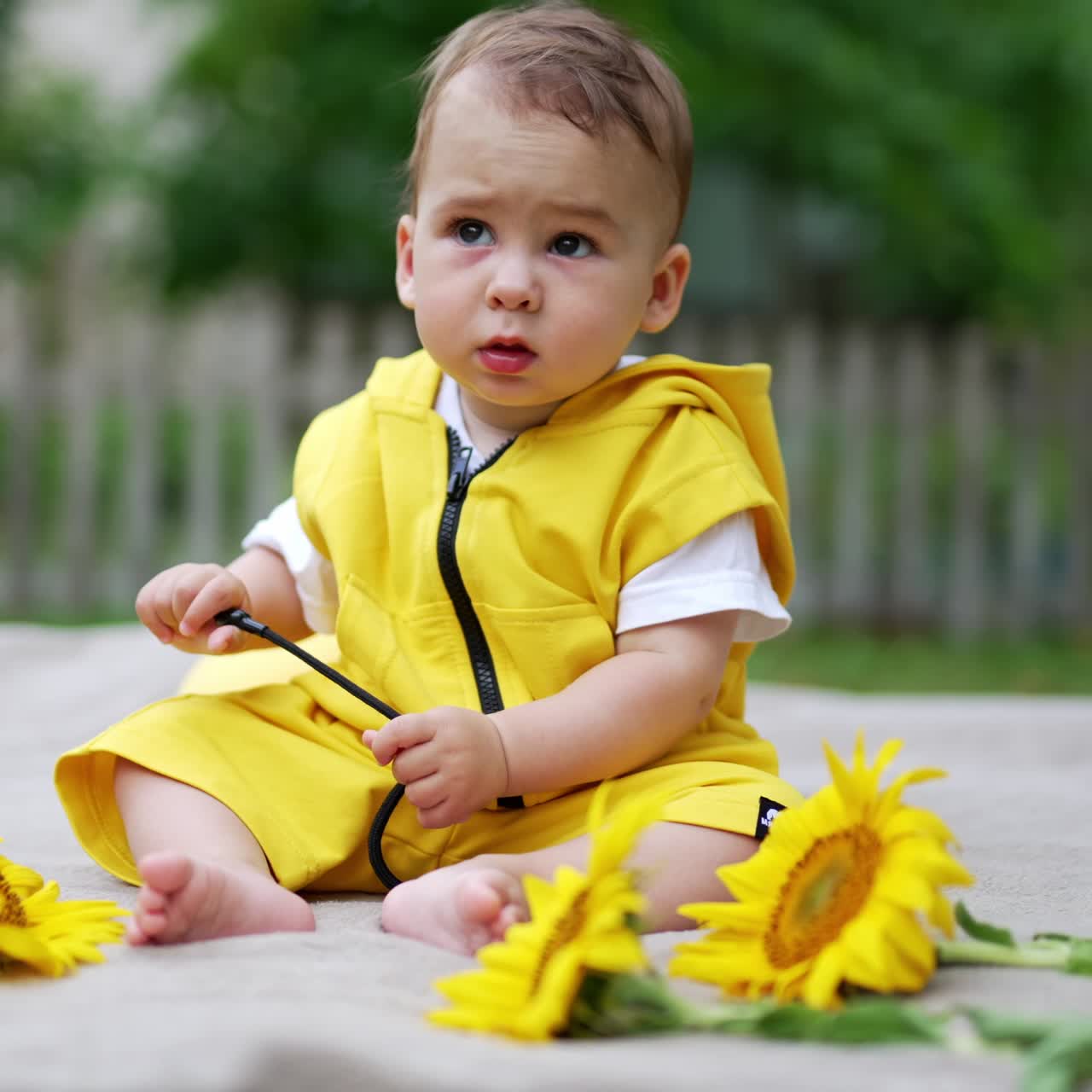 Adorable toddler in yellow clothes sitting outdoors in nature. Lovely kid with sunflowers around him. Blurred backdrop