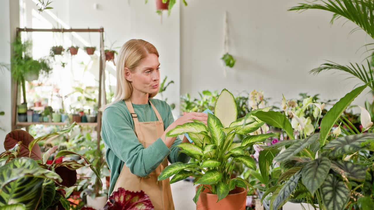 mujer cuidando plantas en una tienda de flores