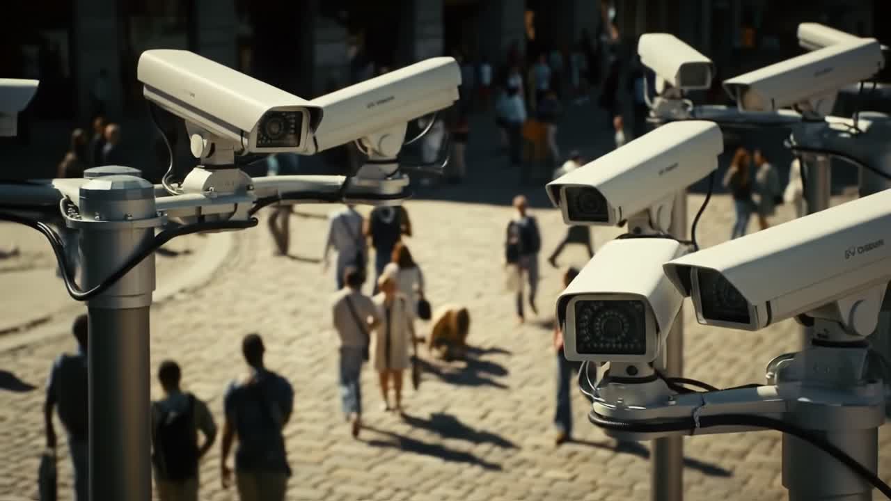 Surveillance and Public Spaces: A Glimpse into Modern Security Systems with Multiple Cameras Monitoring Crowds in a Busy Urban Environment