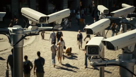 surveillance and public spaces: a glimpse into modern security systems with multiple cameras monitoring crowds in a busy urban environment