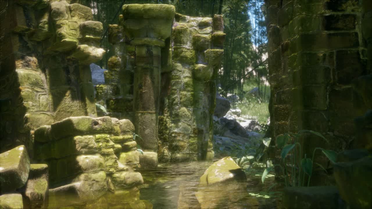 Rovine in pietra in una foresta, antico castello abbandonato
