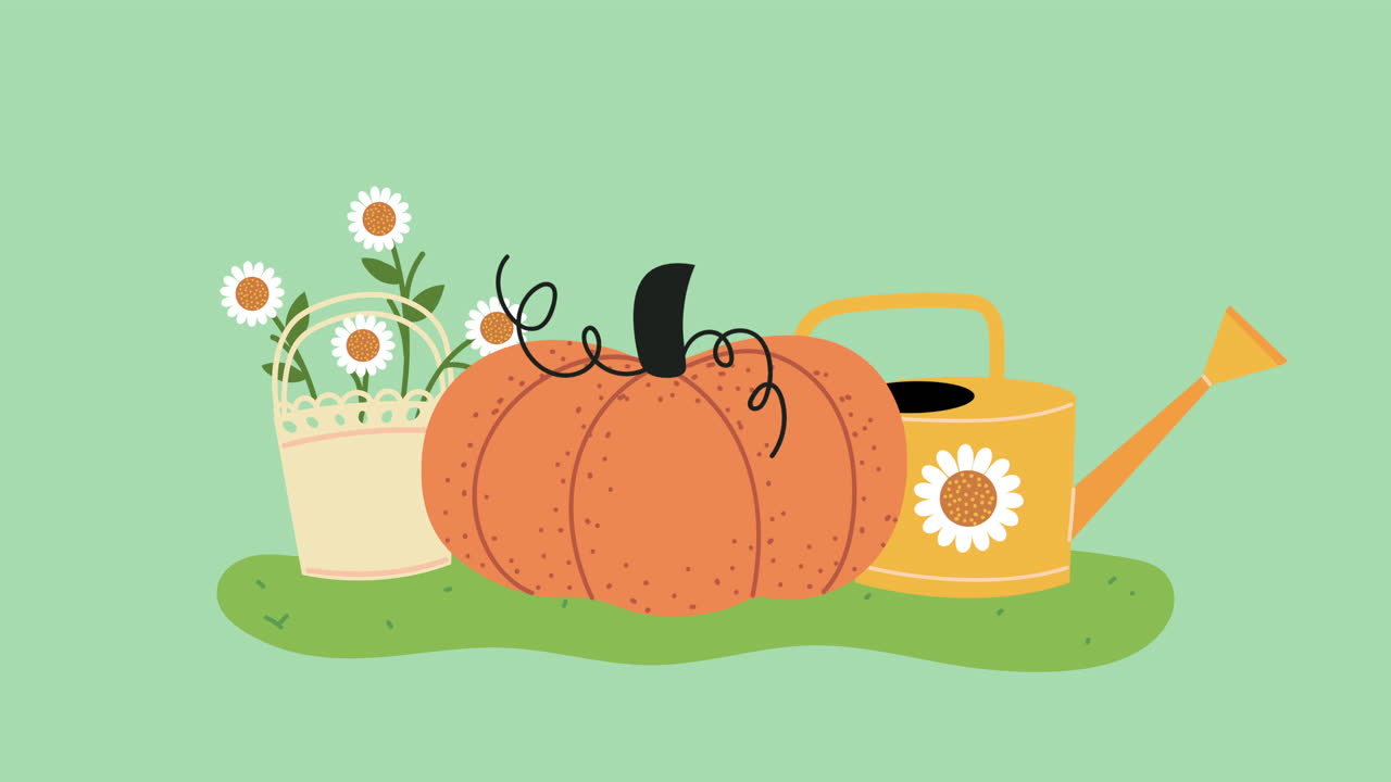 decoración de otoño con calabaza, flores y regador