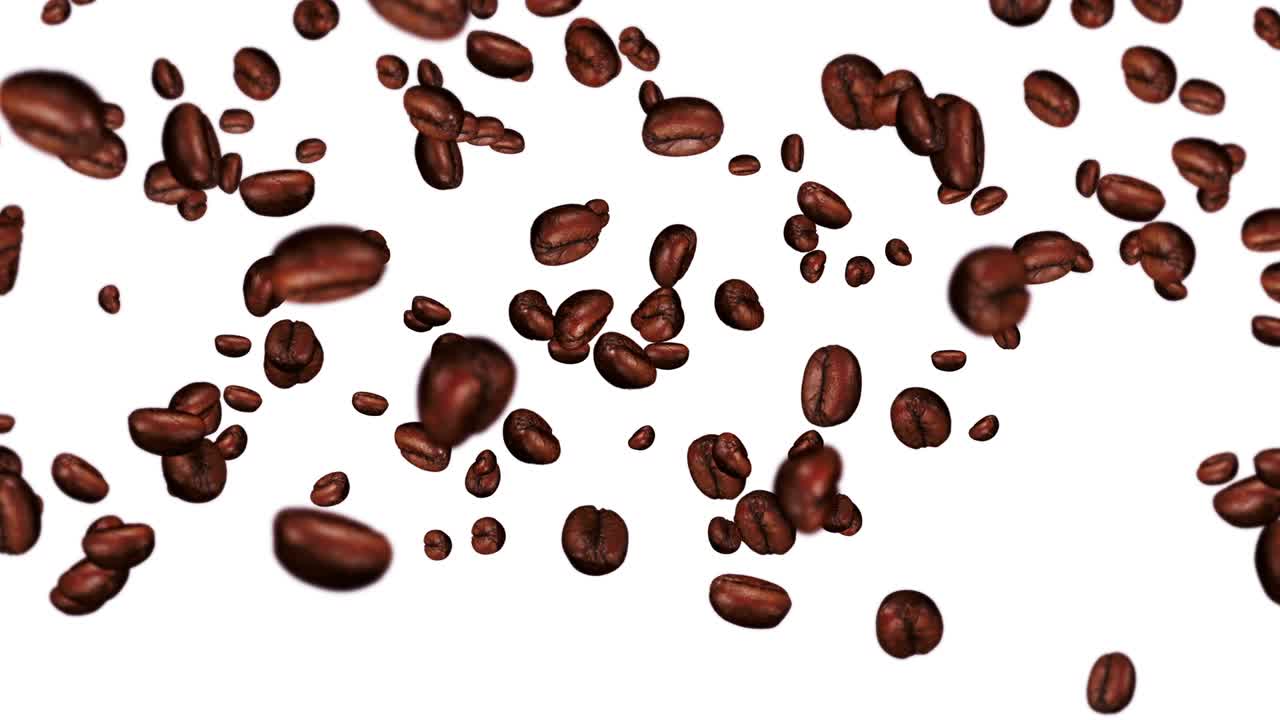 Molti chicchi di caffè che volano su sfondo bianco. Bevanda alla caffeina, Colazione, Aroma. Animazione 3D di chicchi di caffè tostati che ruotano. Animazione in loop