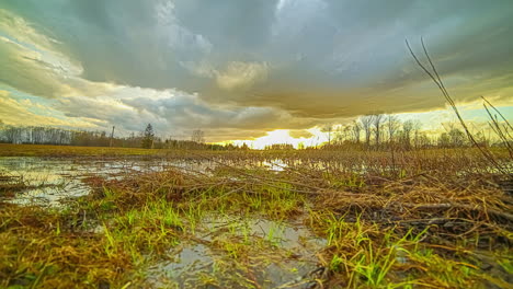 Hiperlapso-De-ángulo-Bajo-De-Pantanos-Inundados-Al-Atardecer-Mientras-Las-Nubes-Cruzan-El-Cielo