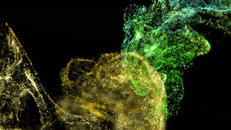 animation of green and yellow particle clouds moving on black background