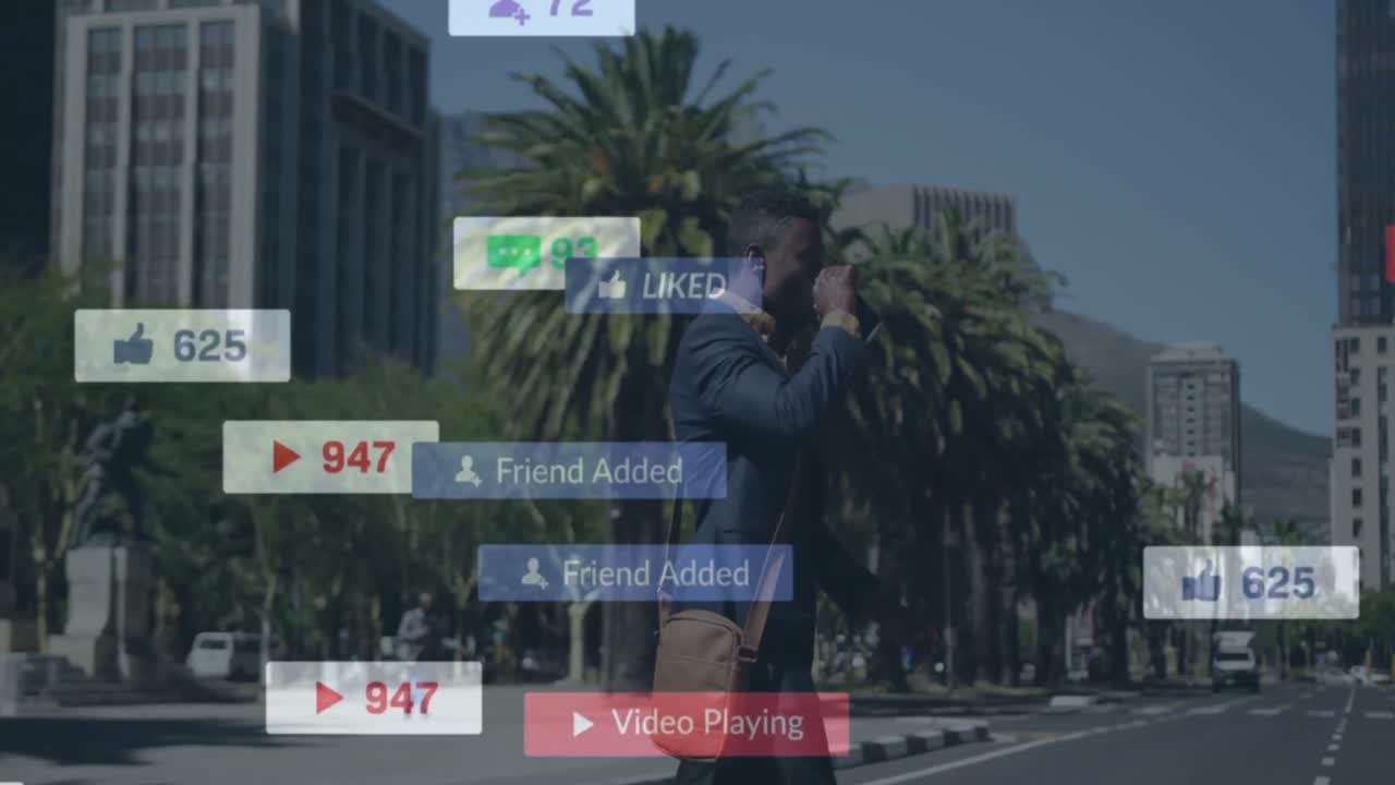도로를 건너면서 커피를 마시는 아프리카계 미국인 사업가에 대한 알림의 애니메이션