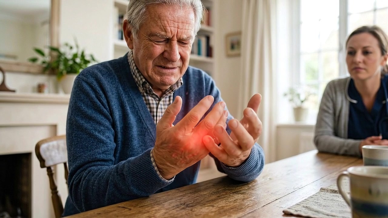 Senior man rubbing painful wrist and palm while seated at home with visible discomfort