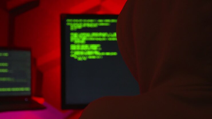 Hacker anonimo che scrive codice in una stanza rossa