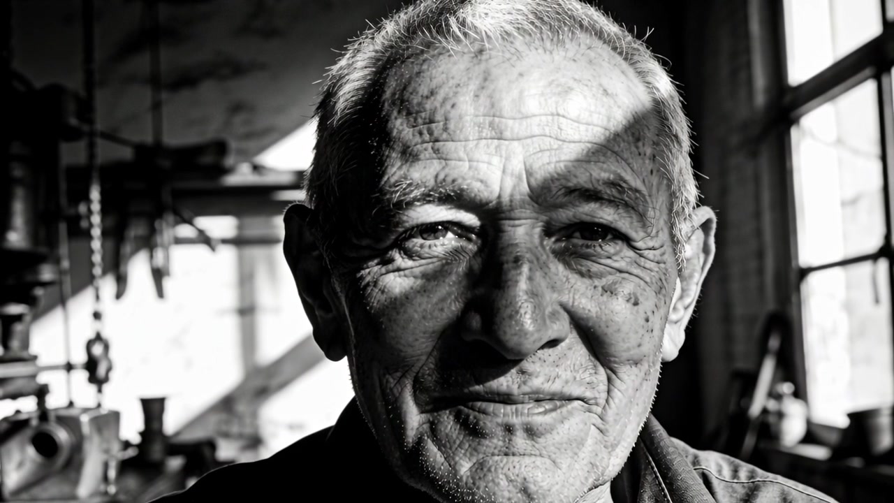 Luce solare che si sposta attraverso una finestra a riquadri, un uomo anziano sorride in un negozio, con una camicia da lavoro e un'ombra curva.