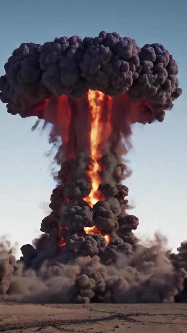 Dramatische Transformation eines explosiven Ereignisses: Von der anfänglichen Detonation zu einer massiven Eruption aus Rauch und Feuer, die die rohe Kraft der Natur und menschliches Bestreben einfängt.