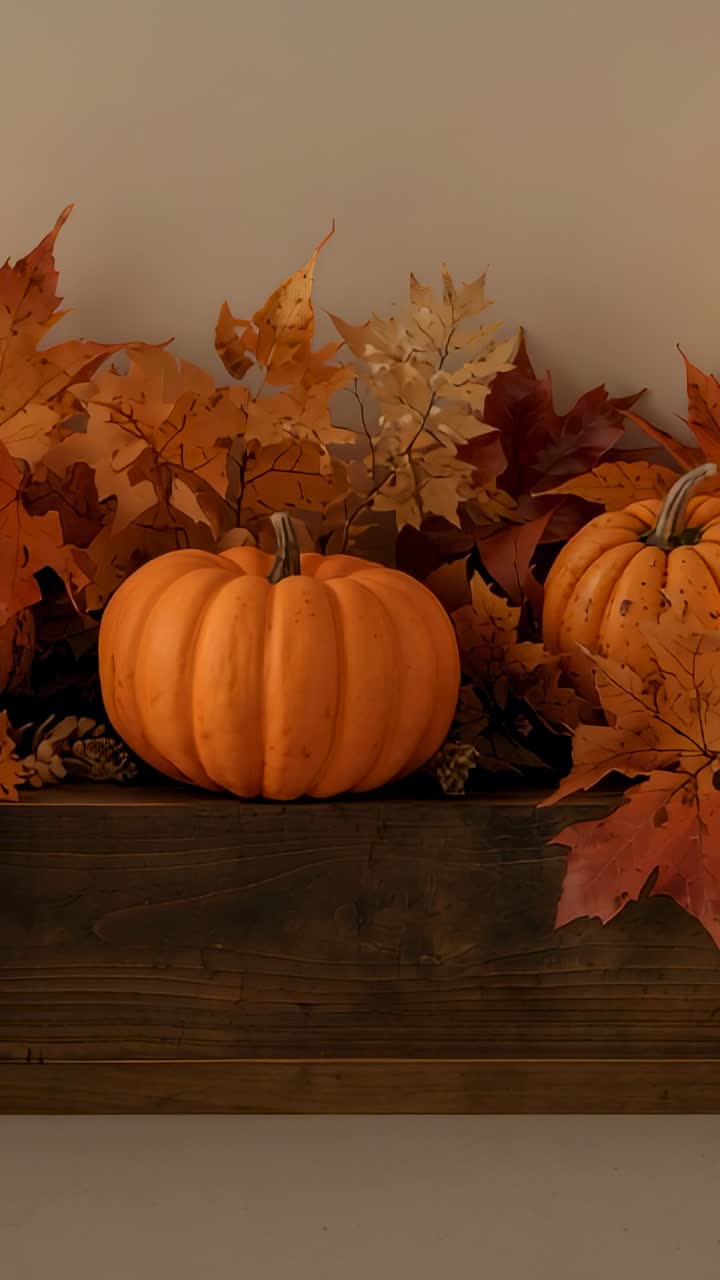 Vertical video: Camera initiating focus on rustic shelf in living area, with pumpkins, fall leaves