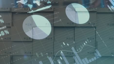 Animation-of-statistics-over-stack-of-cardboard-boxes-in-background