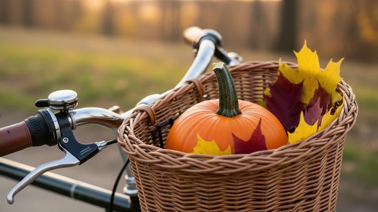Capturing Autumn's Essence: A Vibrant Pumpkin and Colorful Leaves in a Bicycle Basket, Perfectly Showcasing the Beauty of Fall's Seasonal Charm