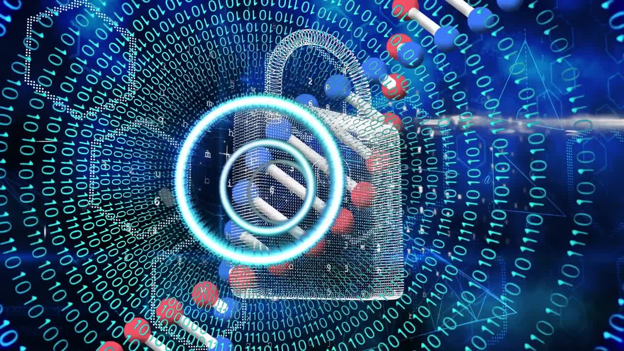 animación de adn y círculos pulsantes sobre un candado digital sobre un código binario en el espacio de la marina