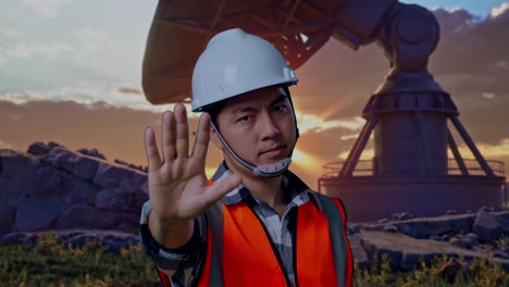 close up of asian male engineer with safety helmet disapproving with no hand sign while standing with large satellite dish