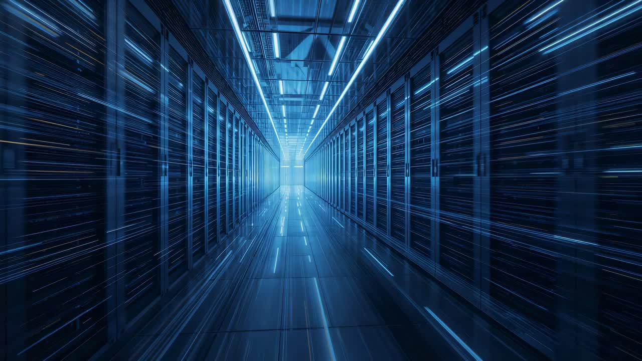 Camera che scivola e si sposta lungo la navata del data center all'inizio, mostrando i rack dei server e il bagliore dei LED blu