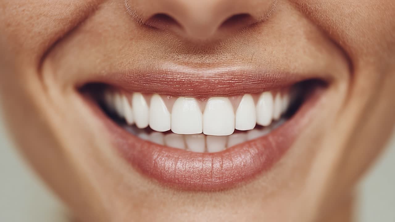 A Close-Up View of a Bright, Healthy Smile Showcasing Perfectly Aligned Bright White Teeth and a Joyful Expression, Emphasizing Dental Aesthetics and Oral Health
