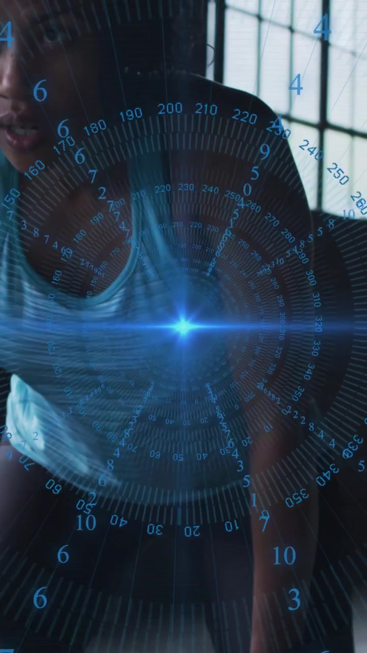 Vertical video: Woman leaning and touching HUD, activating rings and blue flare for tech demo