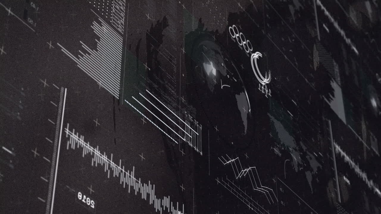 Animation with digital graphs and charts analyzing data on dark background