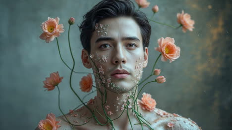 artistic portrait of a man with flowers
