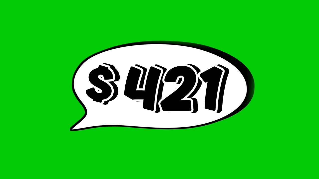 Animation $421 dollar price in a speech bubble green screen. Perfect for sales, ads, or promo videos. Easy to use and customize in your projects video element