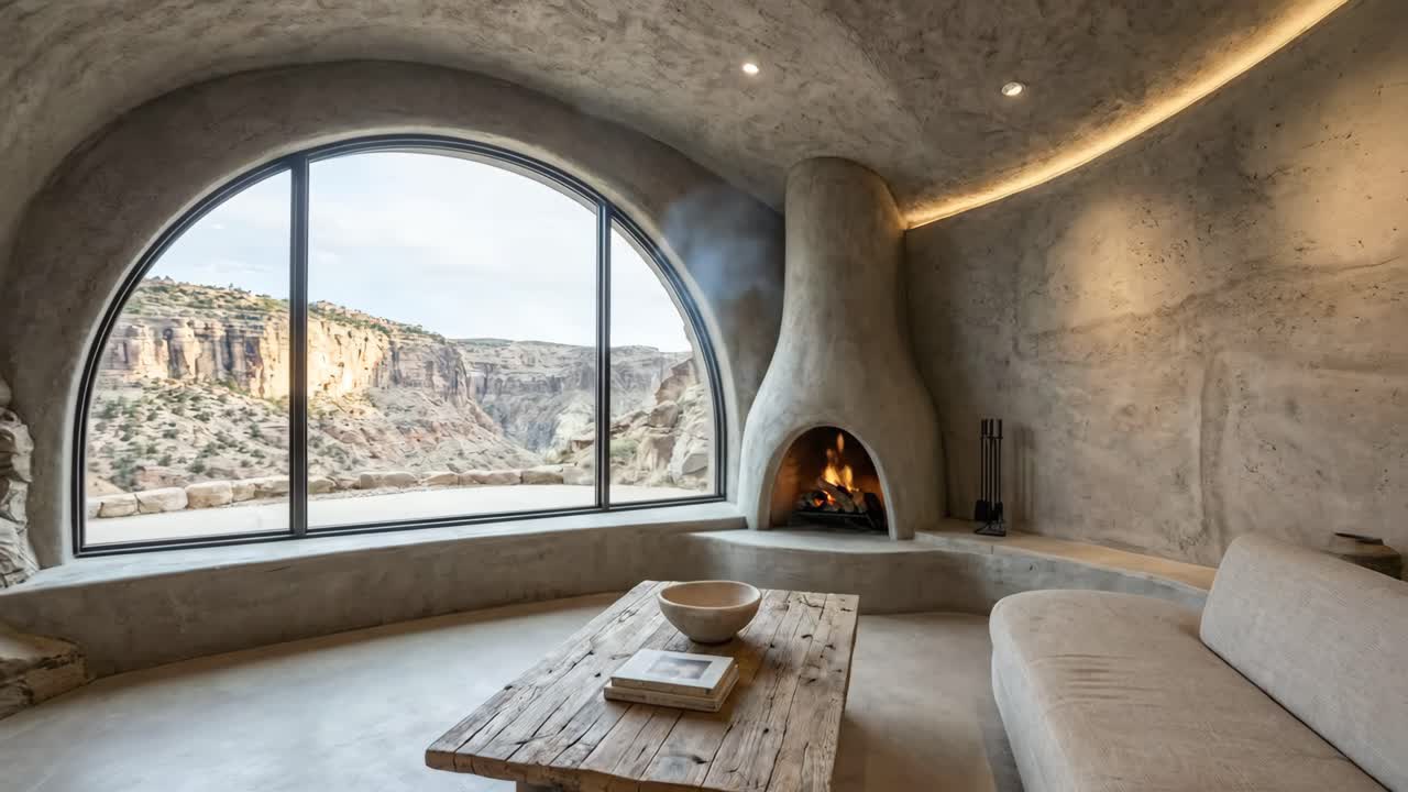 Soggiorno moderno stile grotta con finestra ad arco con vista sul paesaggio del canyon e camino
