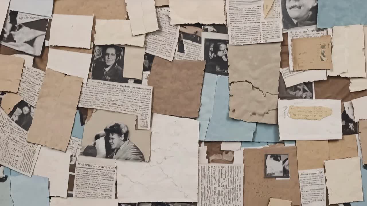 Collage of torn paper and newspaper clippings, viewed from a top-down angle, creating a textured