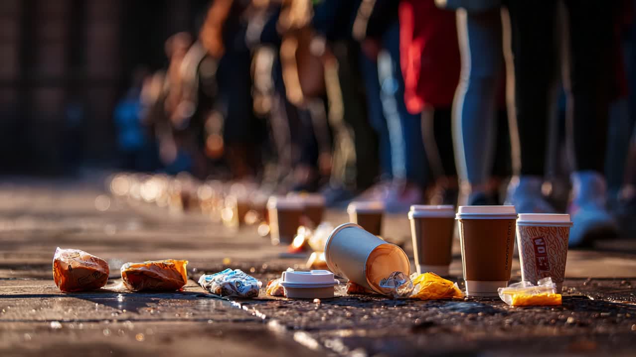 Una lunga fila di persone con tazze di caffè usa e getta e snack sparsi a terra, che riflette i problemi dei rifiuti moderni e la cultura del consumismo in un contesto urbano