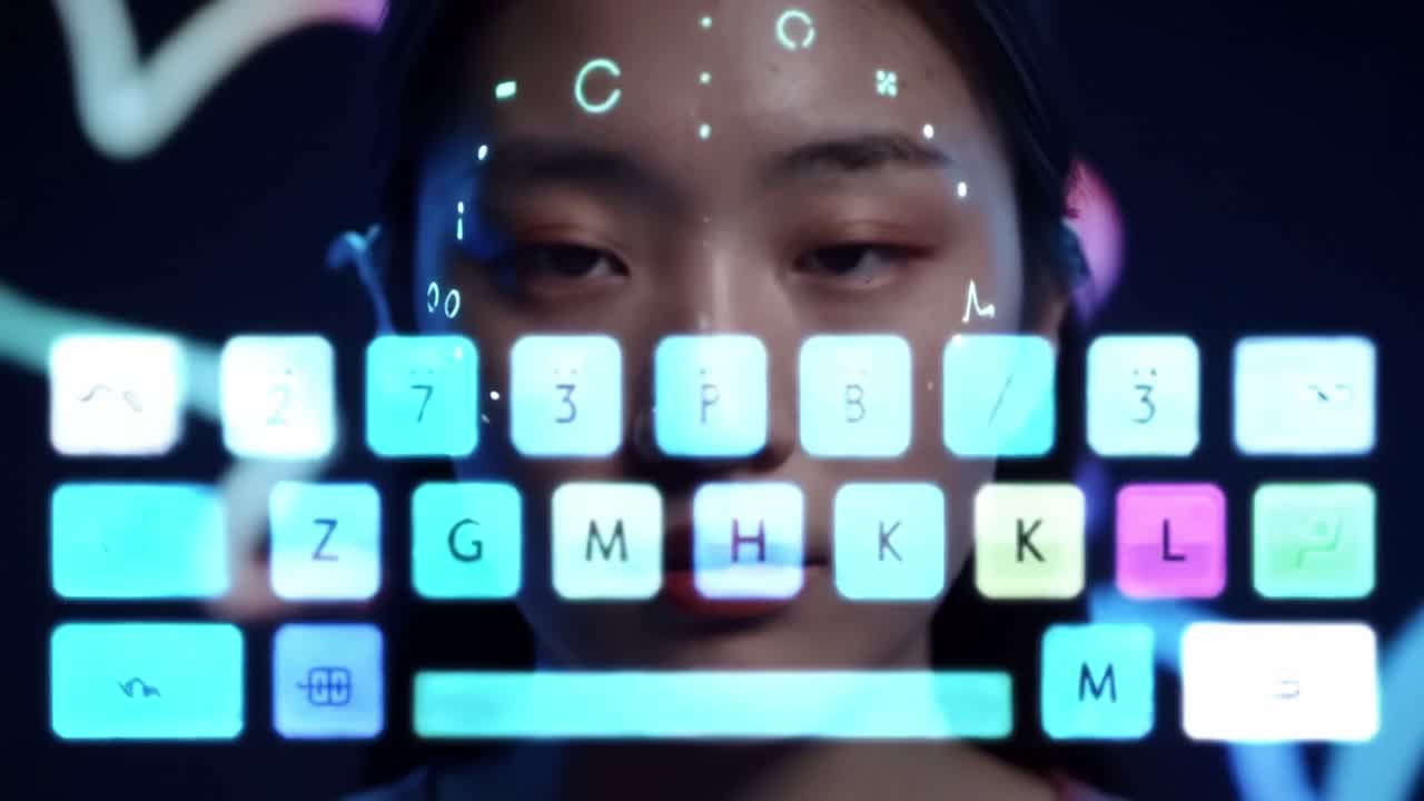 Woman interacting with a futuristic virtual keyboard