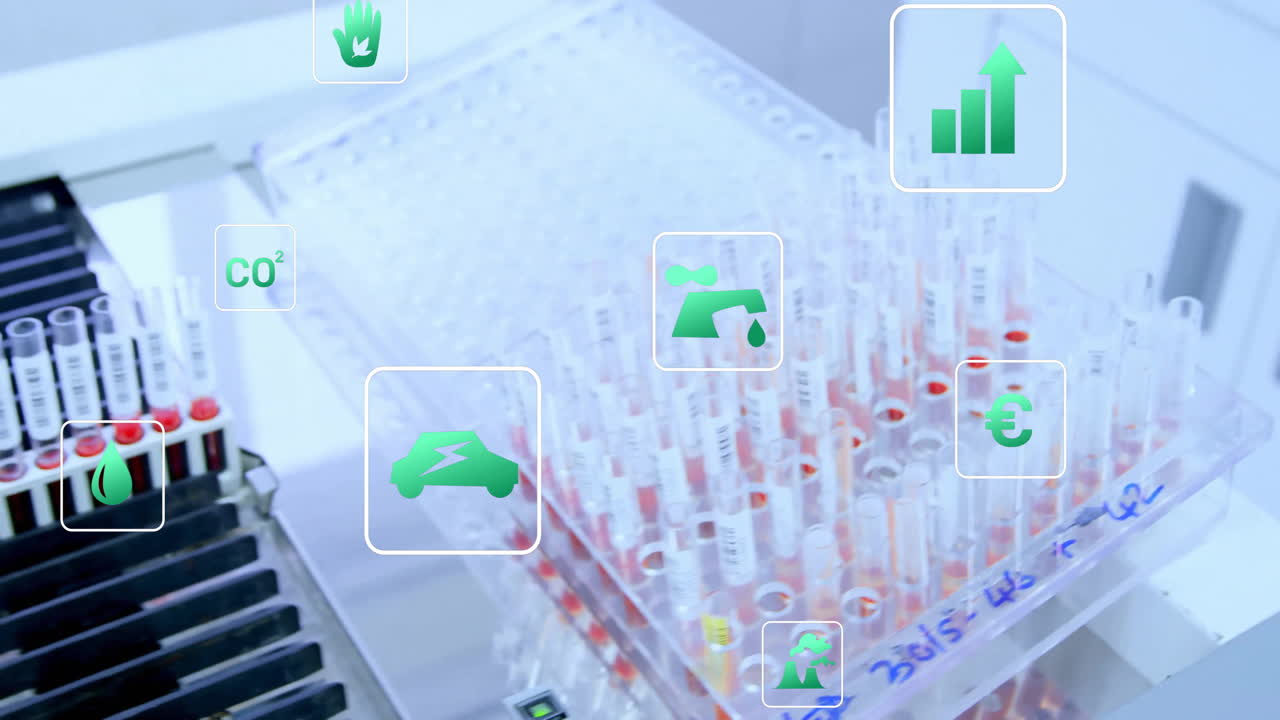 Animation of eco icons and data processing over test tubes in laboratory